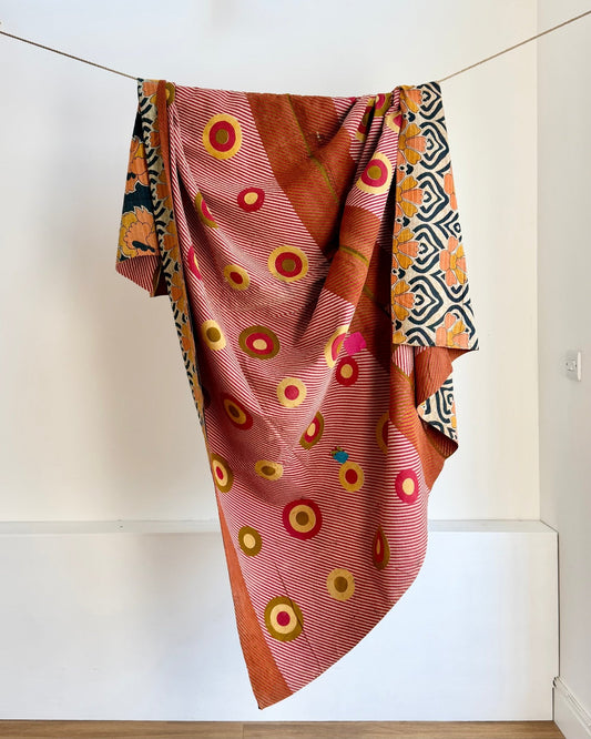 Extra Large Fine Stitched Vintage Kantha Quilt With Pink Dots and Navy Blue Patterns - Biggs & Hill