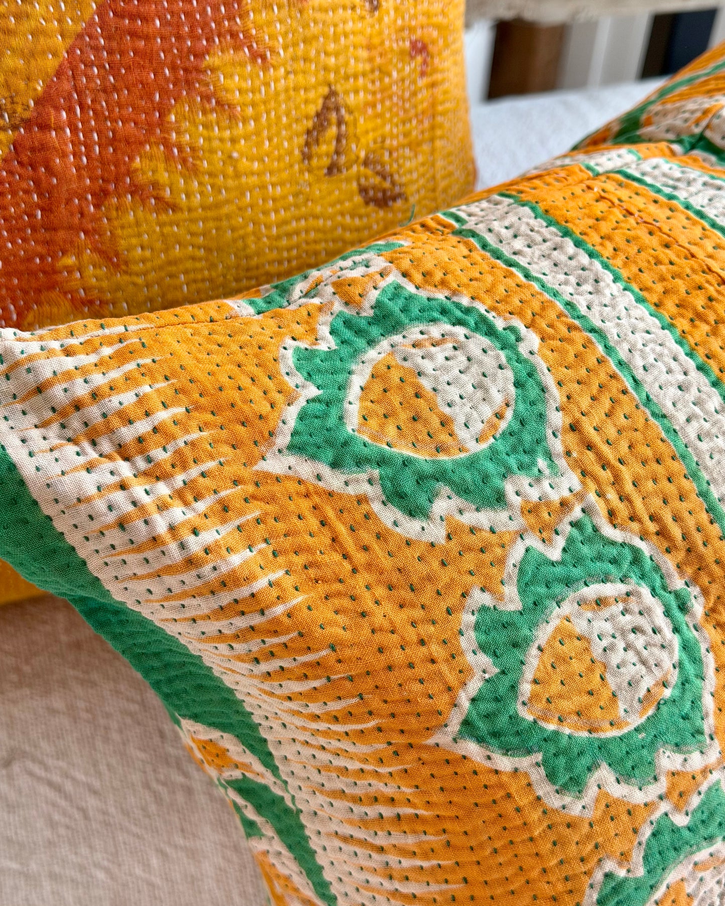 Vintage Kantha Cushion In Green and Orange - Small Rectangular