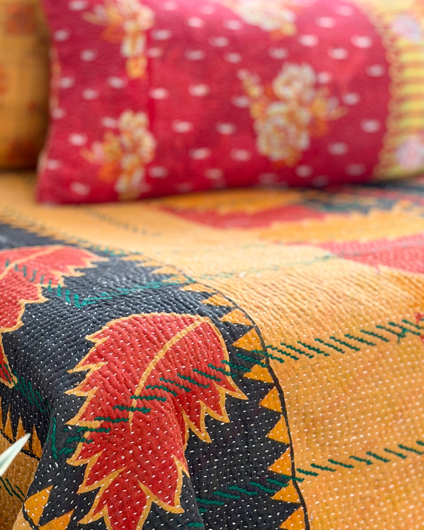 Extra Large Embroidered Vintage Kantha Quilt in Orange and Green