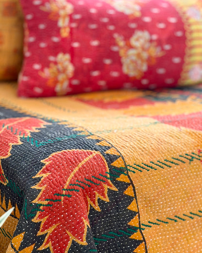 Extra Large Embroidered Vintage Kantha Quilt in Orange and Green