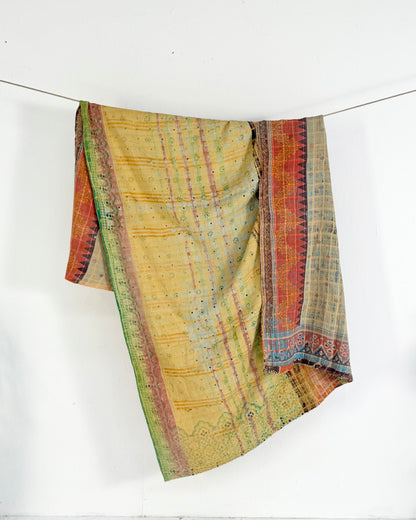 Large Textured Vintage Kantha Quilt In Soft Yellow and Orange