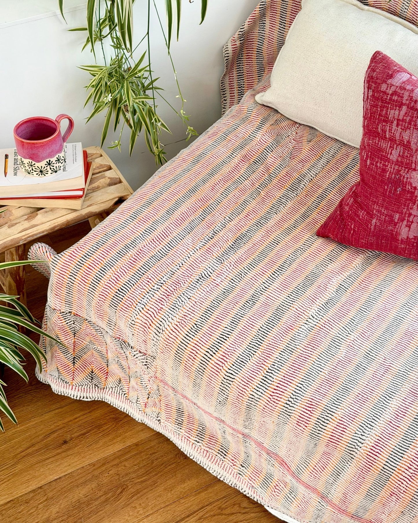 Small Heavy Vintage Lohori Kantha Quilt in Pink and Yellow Stripes - Biggs & Hill