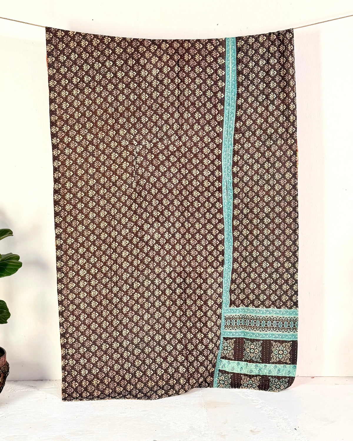 Vintage Cotton Kantha Quilt In Orange and Blue 02 - Biggs & Hill