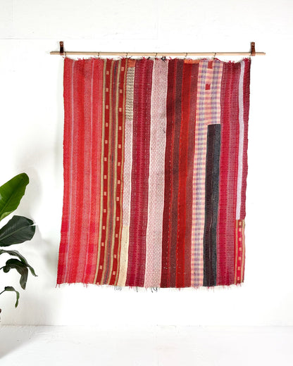 Heavy Kantha Blanket Quilt With Red Stripes And Green Back - Biggs & Hill