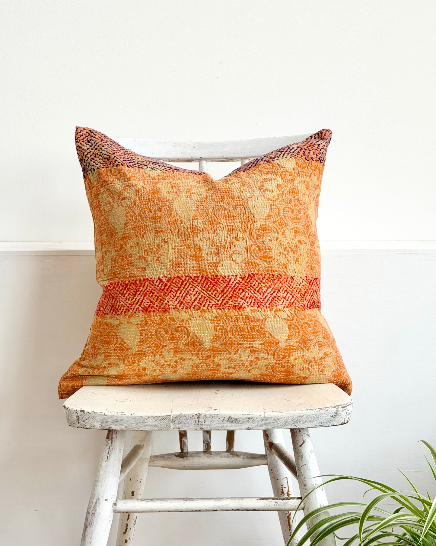 Vintage Kantha Cushion In Floral Orange - 45cm Square