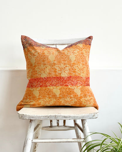 Vintage Kantha Cushion In Floral Orange - 45cm Square