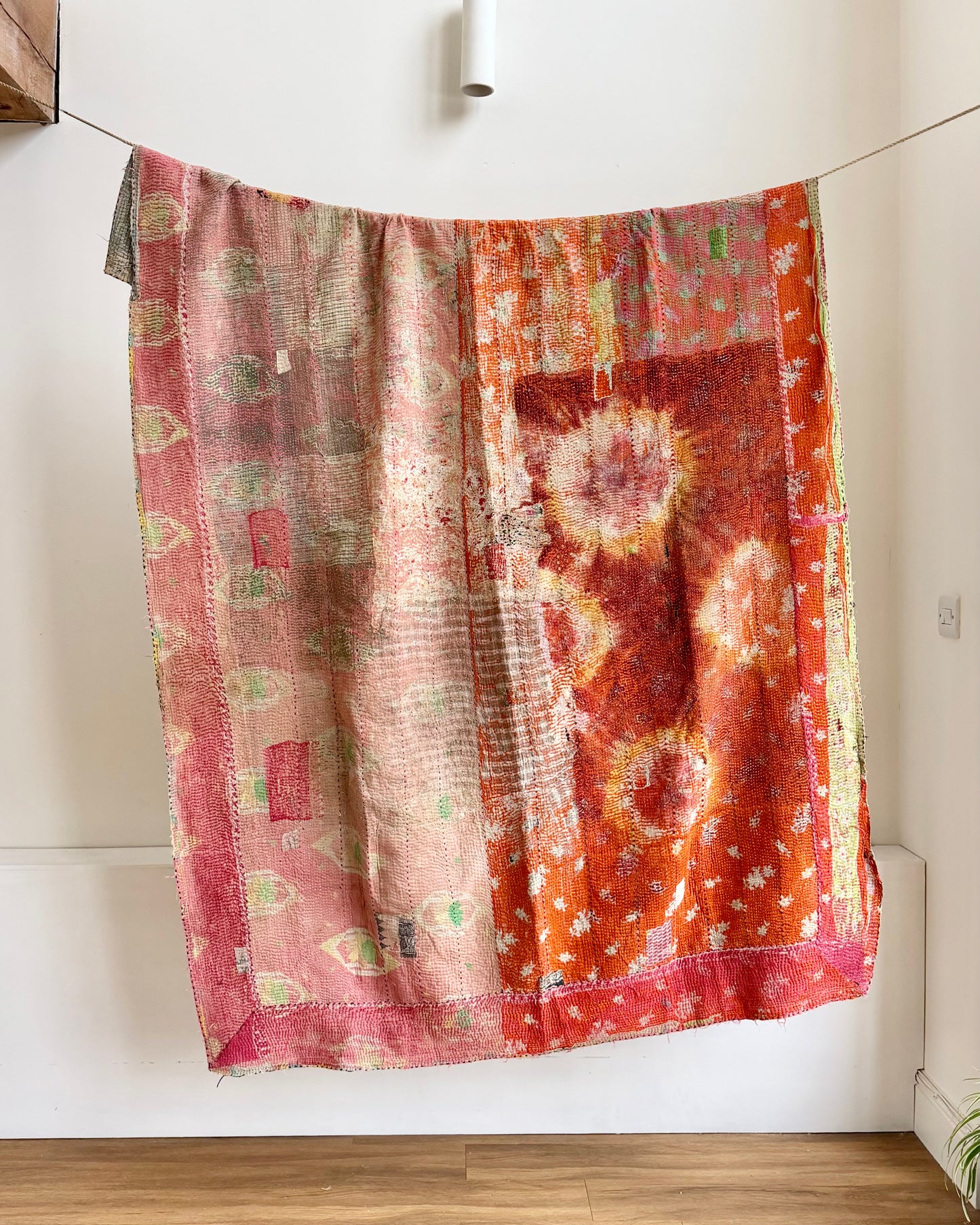 Vintage Kantha Quilt in Pink, Orange and Blue