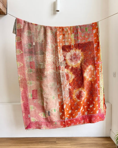 Vintage Kantha Quilt in Pink, Orange and Blue