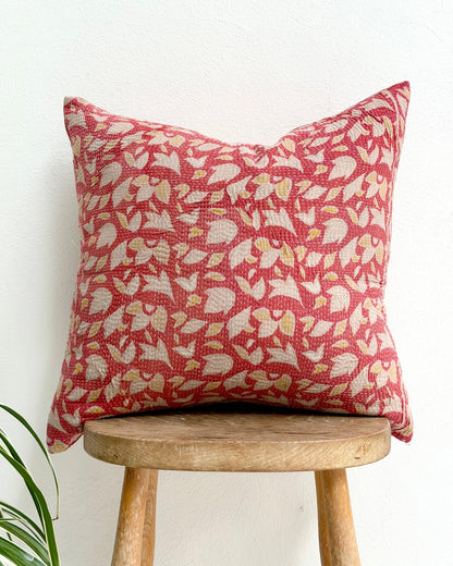 Handmade Vintage Kantha Cushion Cover In Pink Floral - 45cm (18") - Biggs & Hill
