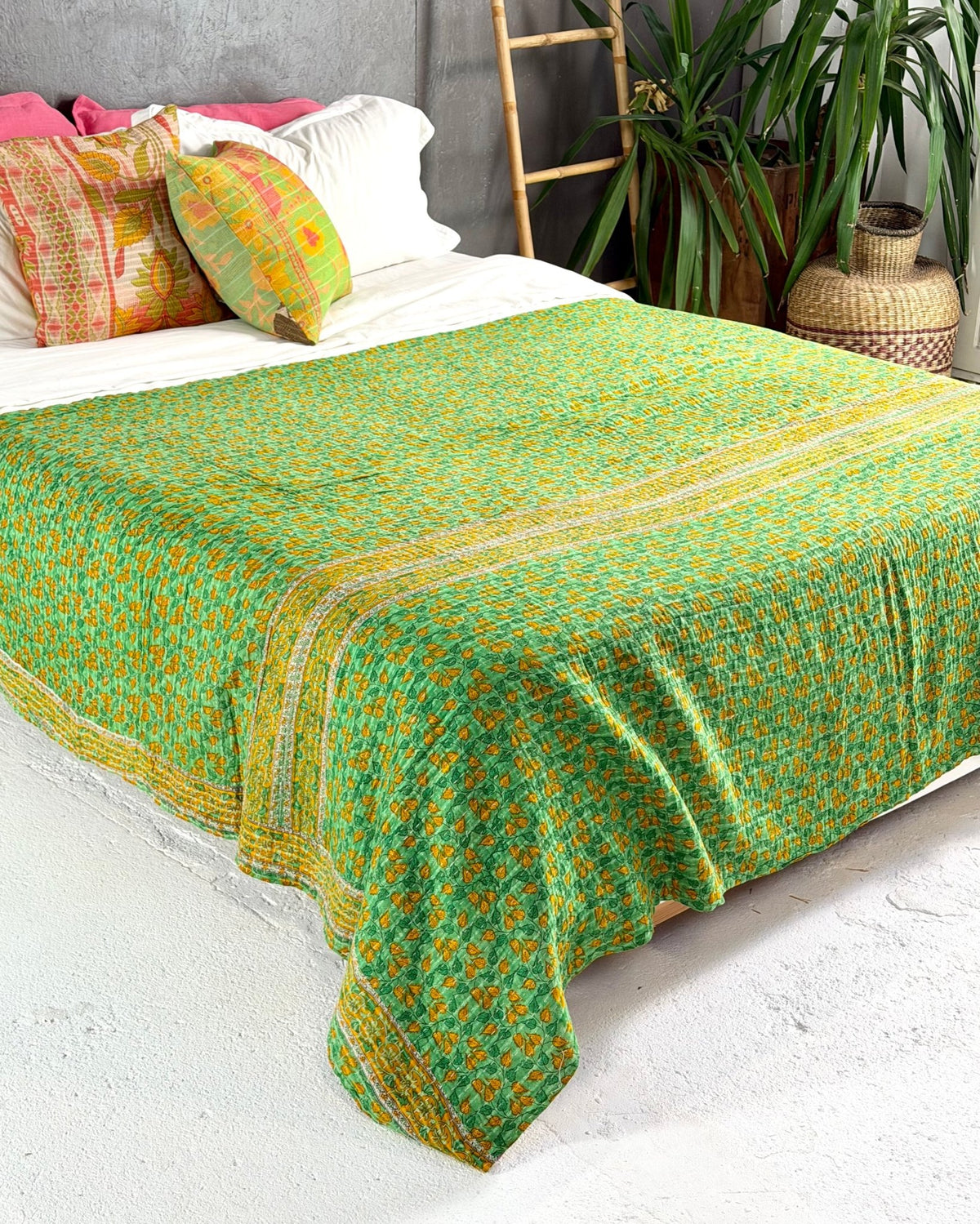 Large Fine Stitched Vintage Kantha Quilt in Green - Biggs & Hill
