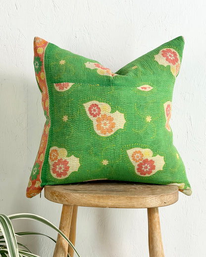 Handmade Vintage Kantha Cushion Cover In Green Floral - 45cm (18") Square
