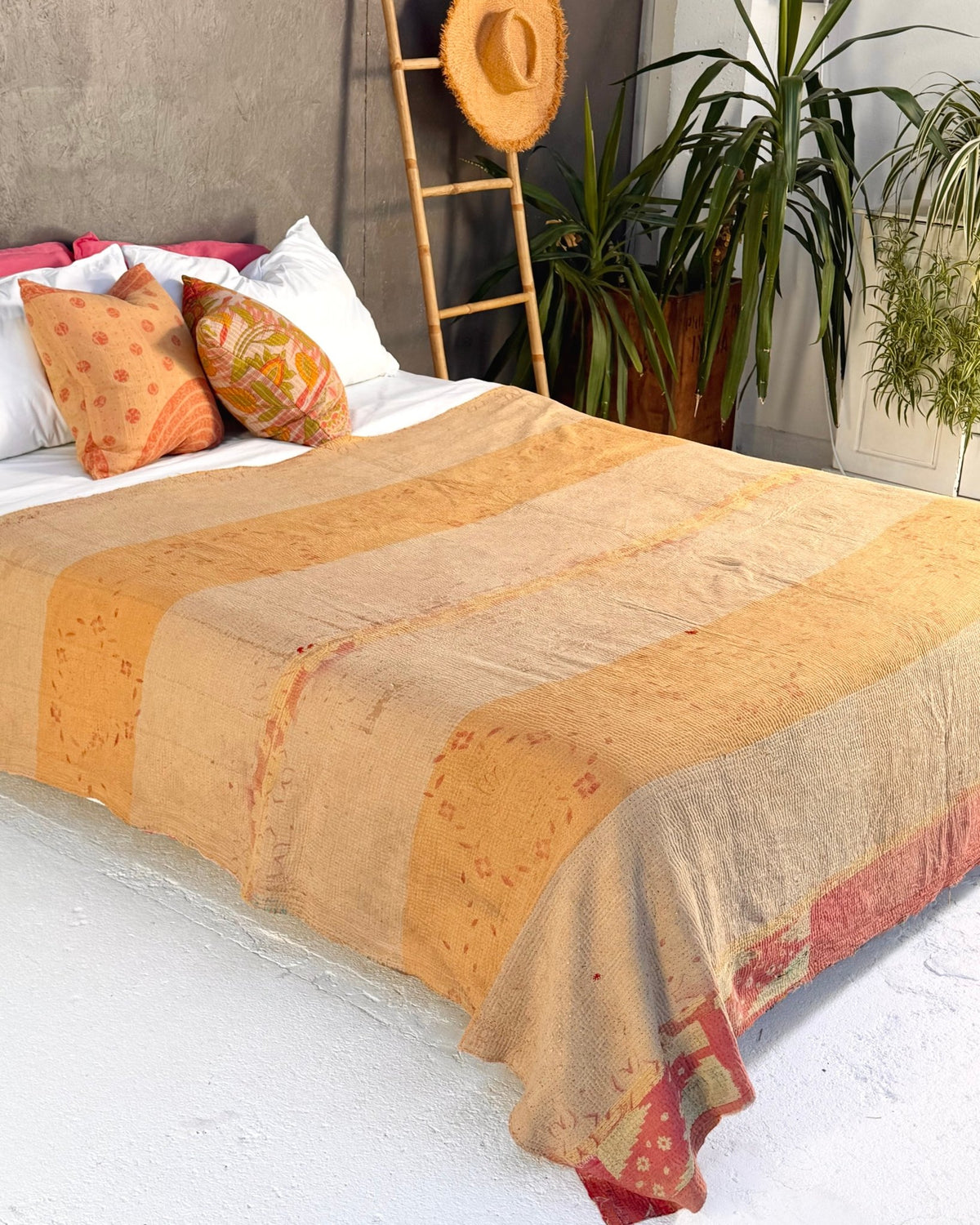 Extra Large Fine Stitched Vintage Kantha Quilt in Red and Yellow - Biggs & Hill