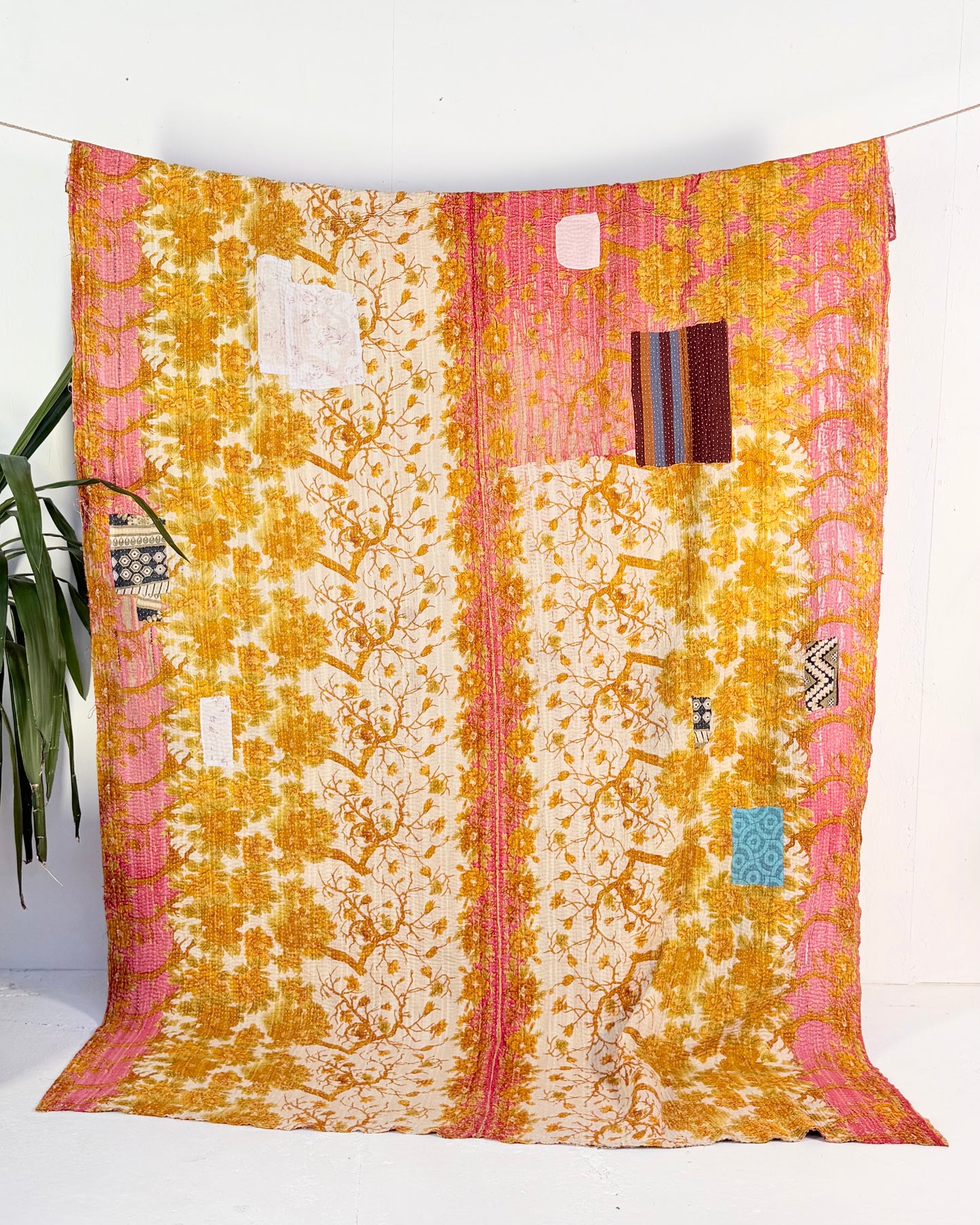 Extra Large Large Fine Stitched Vintage Kantha Quilt in Pink and Yellow