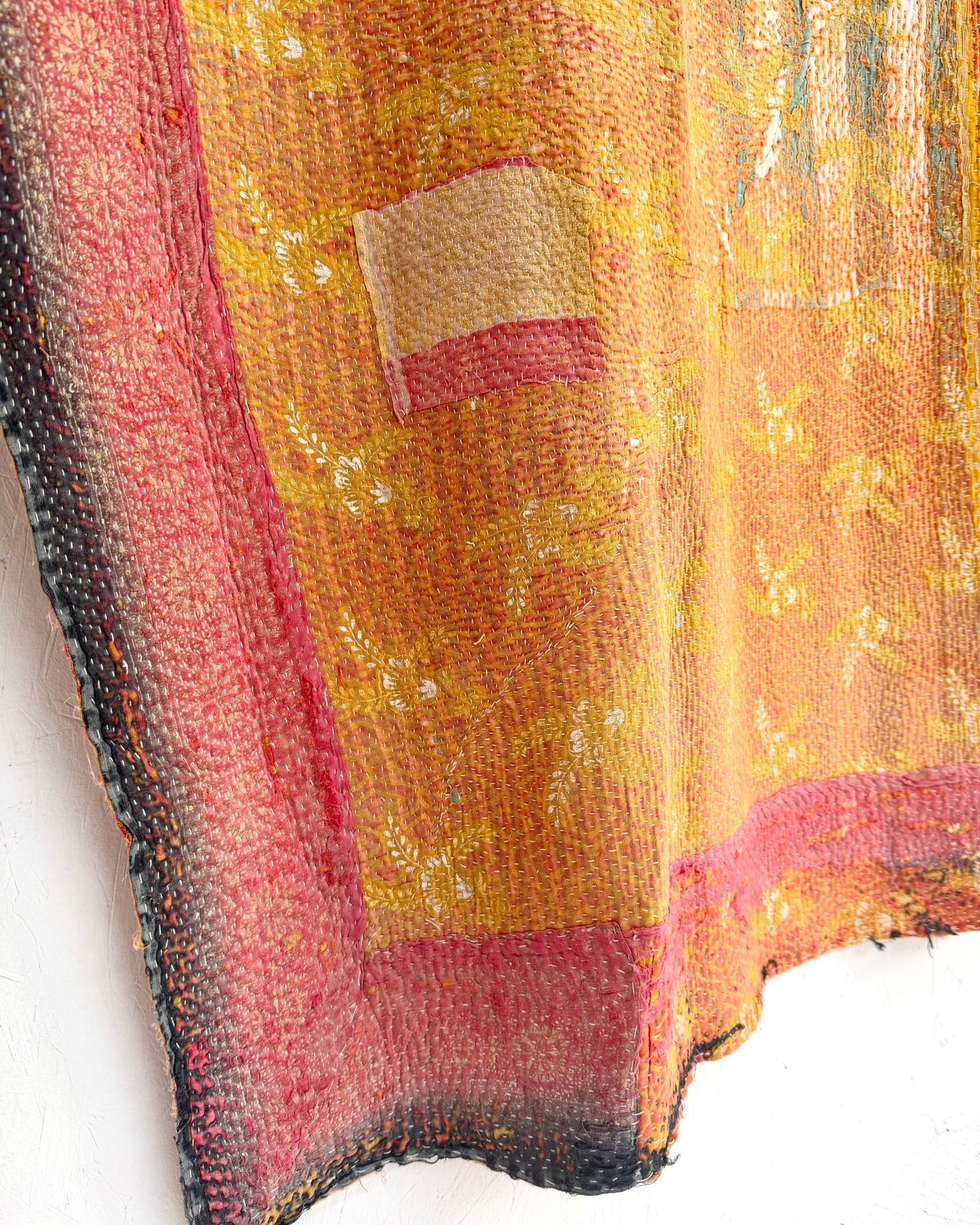 Large Textured Vintage Kantha Quilt In Yellow and Pink - Biggs & Hill