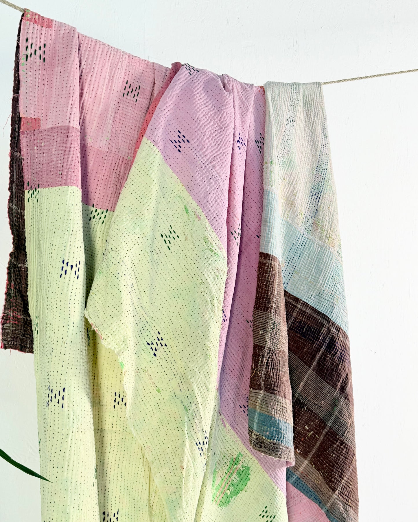 Project Kantha Quilt: Pink, Yellow and Green Patchwork With Authentic Aged Texture