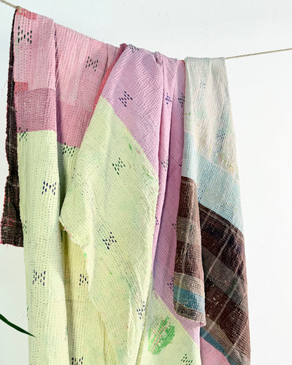 Project Kantha Quilt: Pink, Yellow and Green Patchwork With Authentic Aged Texture