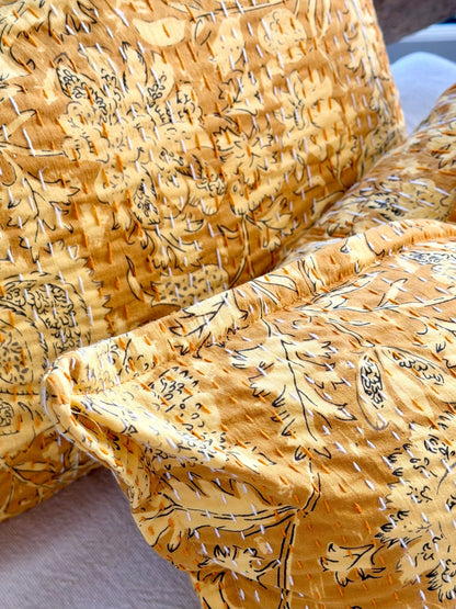 Sunshine Yellow Floral Block Printed Hand Stitched Rectangular Kantha Cushion - Biggs & Hill
