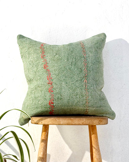 Vintage Kantha Cushion Cover In Soft Green With Orange Embroidery - 45cm Square