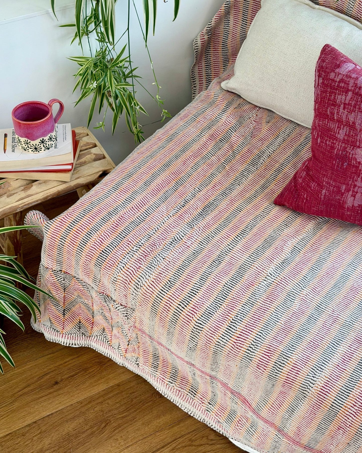Small Heavy Vintage Lohori Kantha Quilt in Pink and Yellow Stripes - Biggs & Hill