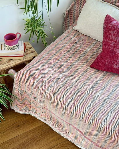 Small Heavy Vintage Lohori Kantha Quilt in Pink and Yellow Stripes - Biggs & Hill