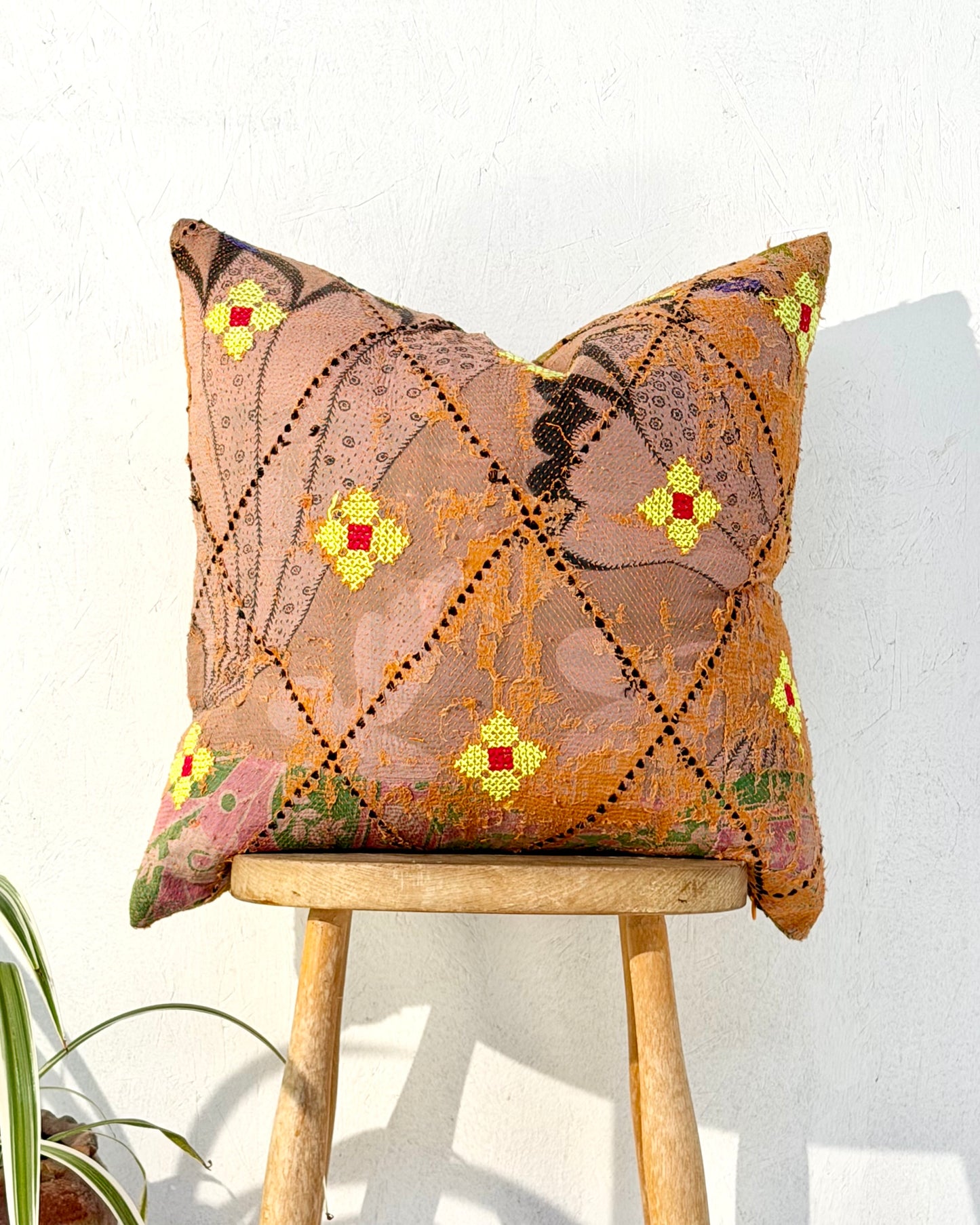 Vintage Kantha Cushion Cover In Textured Orange and Green - 50cm Square