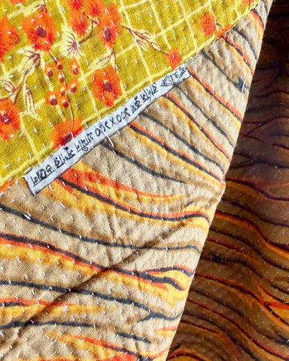 Fine Stitched Vintage Kantha Quilt in Pink, Yellow and Mustard - Biggs & Hill