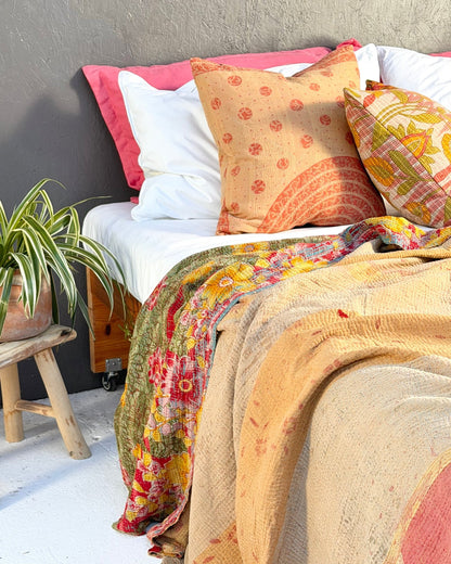 Extra Large Fine Stitched Vintage Kantha Quilt in Red and Yellow - Biggs & Hill