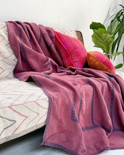 Fine Stitched Embroidered Vintage Kantha Quilt in Deep Plum - Biggs & Hill