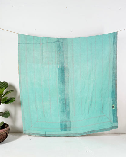 Large Embroidered Vintage Kantha Quilt in Pink, Green and Blue
