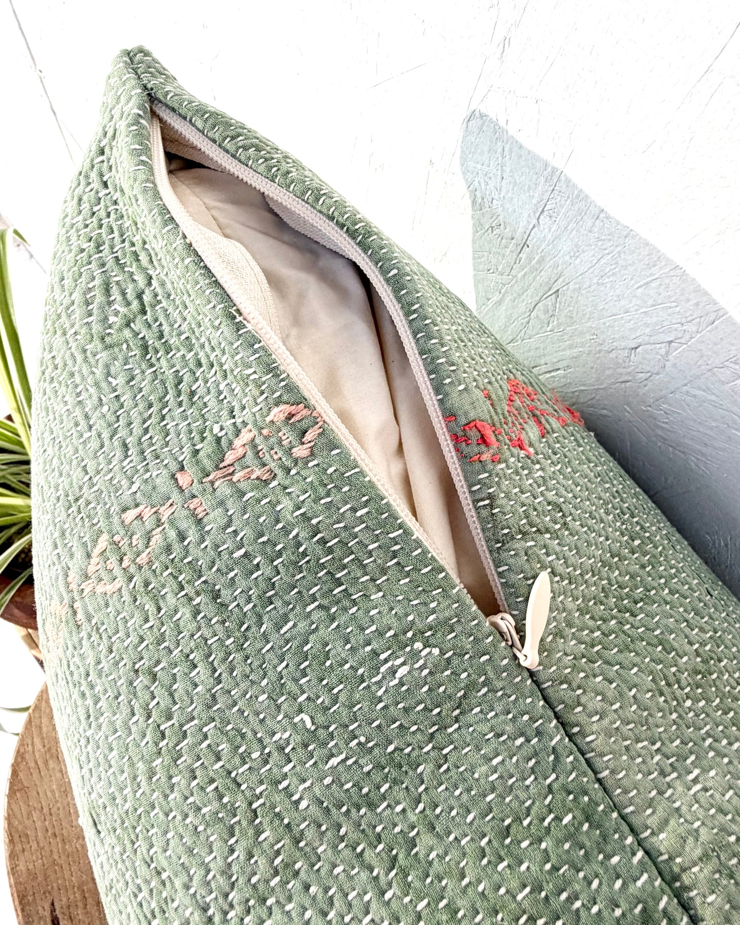 Vintage Kantha Cushion Cover In Soft Green With Orange Embroidery - 45cm Square