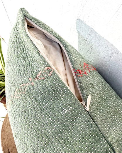 Vintage Kantha Cushion Cover In Soft Green With Orange Embroidery - 45cm Square