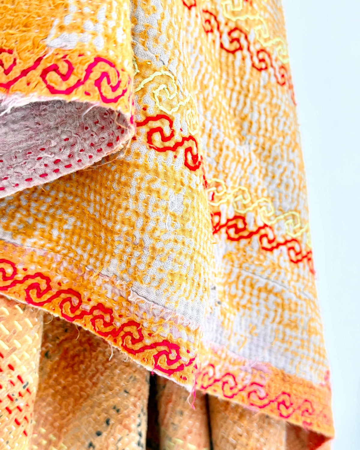 Embroidered Vintage Kantha Quilt in Yellow and Pink - Biggs & Hill