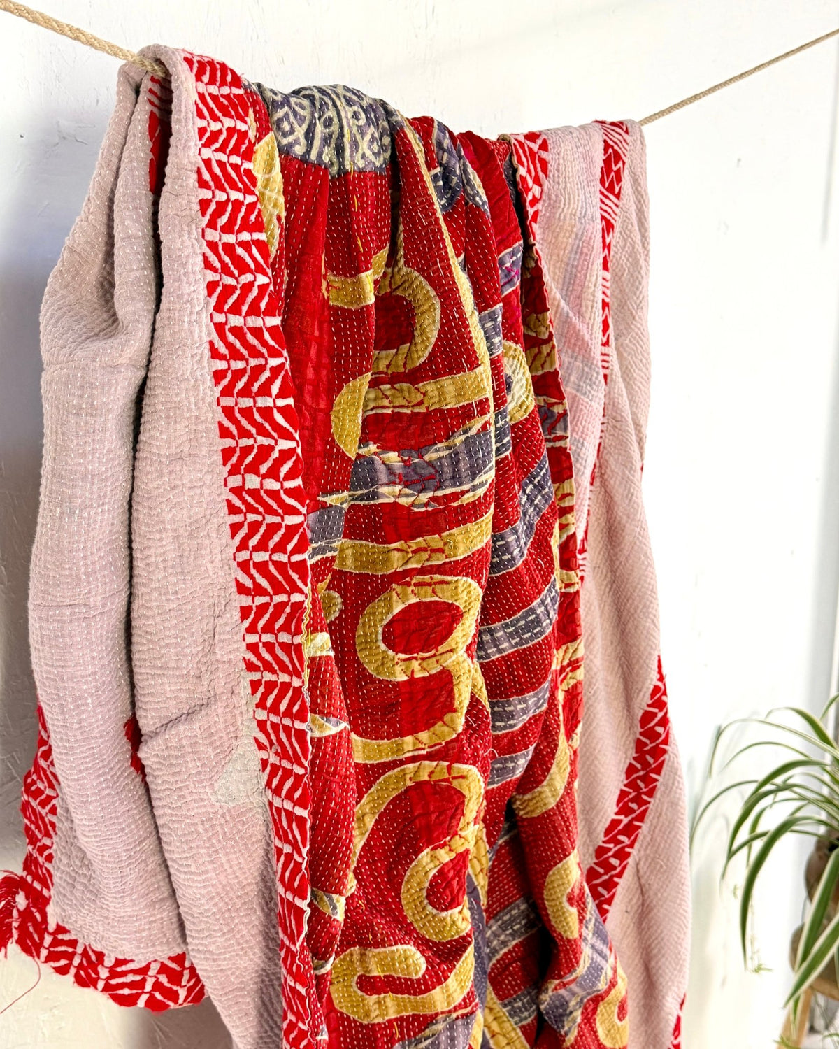 Embroidered Vintage Kantha Quilt in Red and Lilac - Biggs & Hill