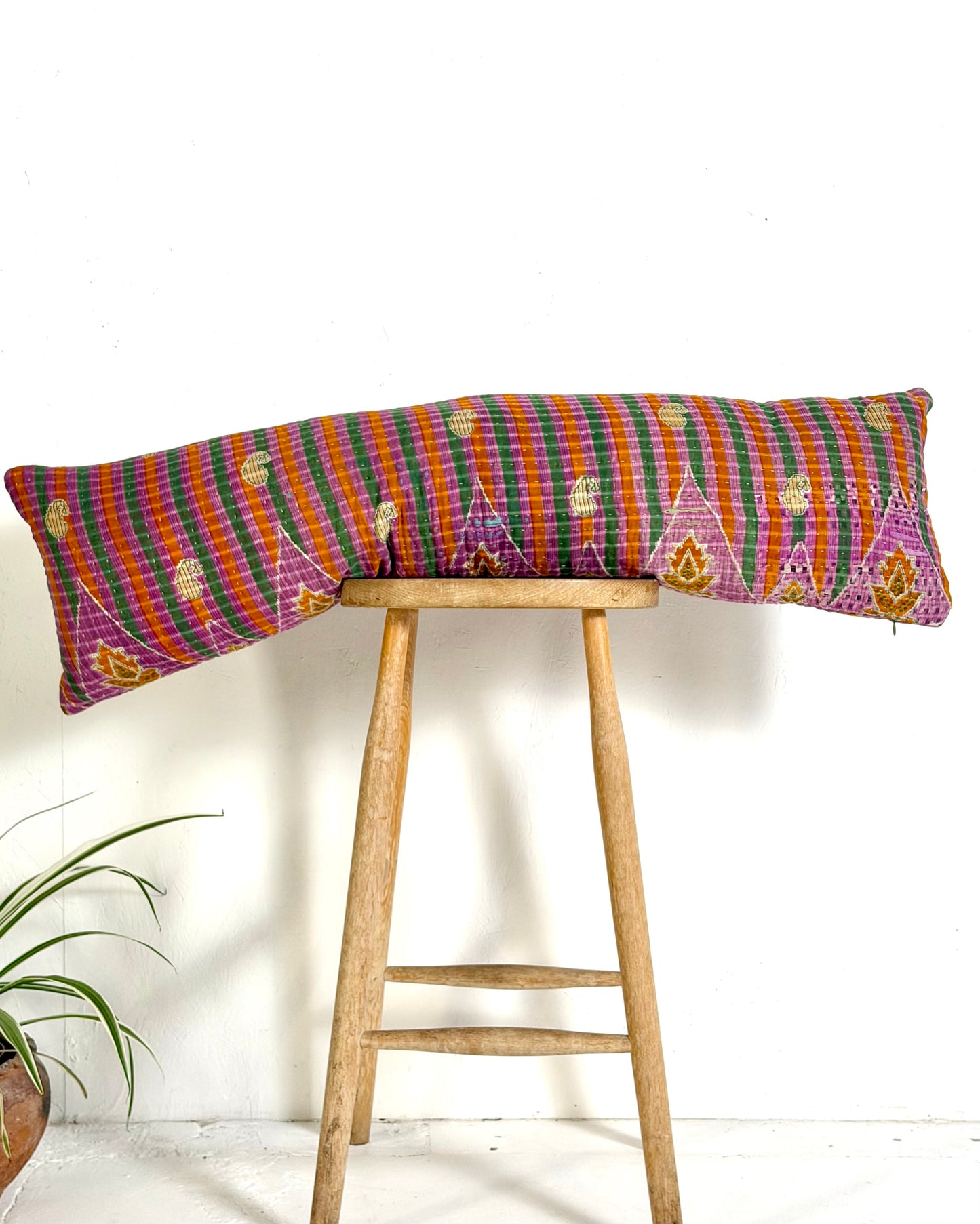 Vintage Kantha Bolster Cushion Cover In Green and Purple 30 x 100cm