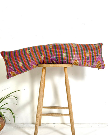 Vintage Kantha Bolster Cushion Cover In Green and Purple 30 x 100cm