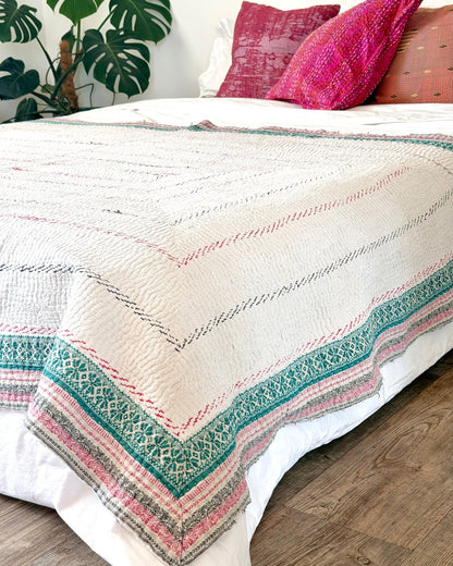 Heavy Fine Stitched Embroidered Vintage Kantha Quilt in White and Pink - Biggs & Hill