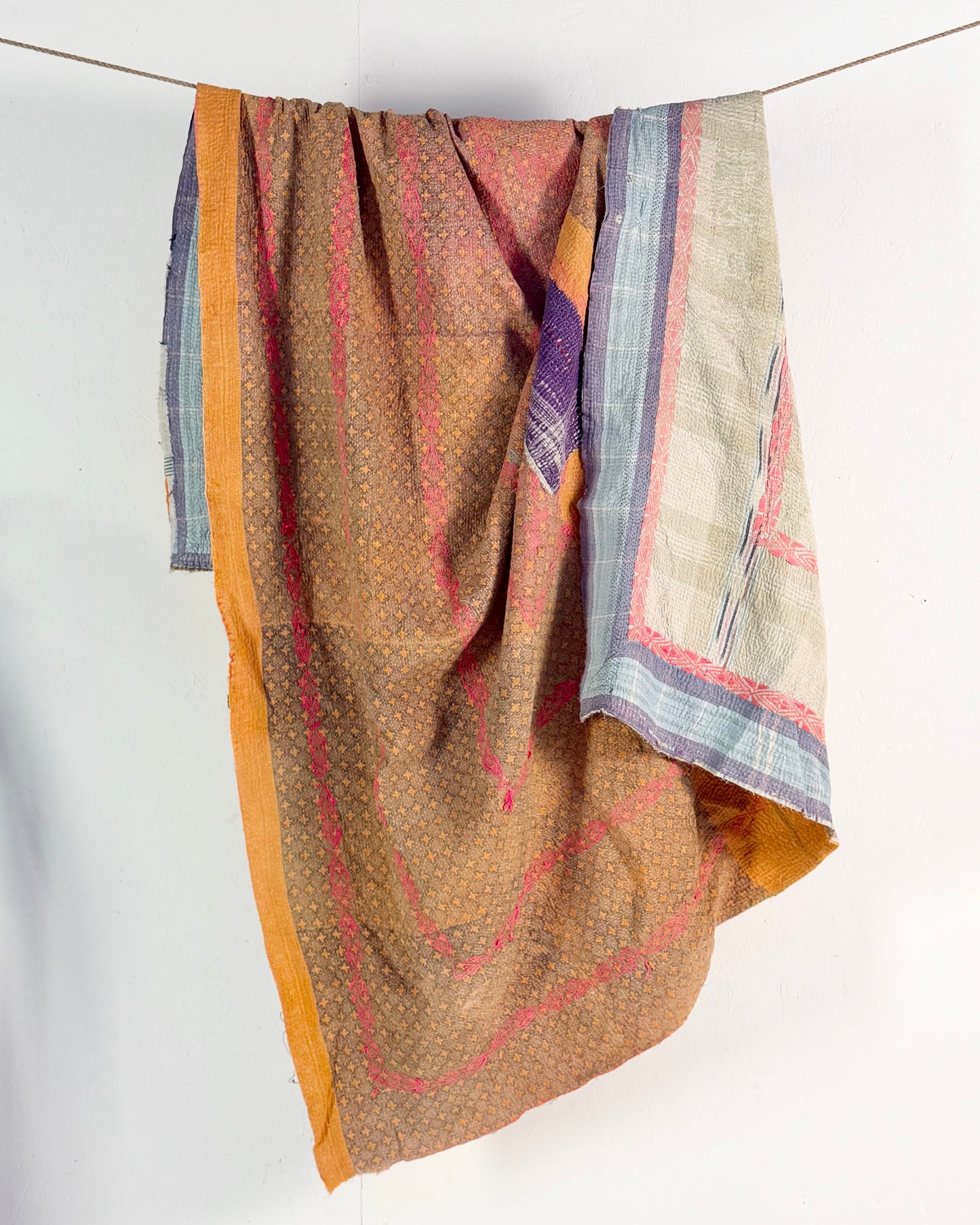 Embroidered Vintage Kantha Quilt in Yellow, Pink and White