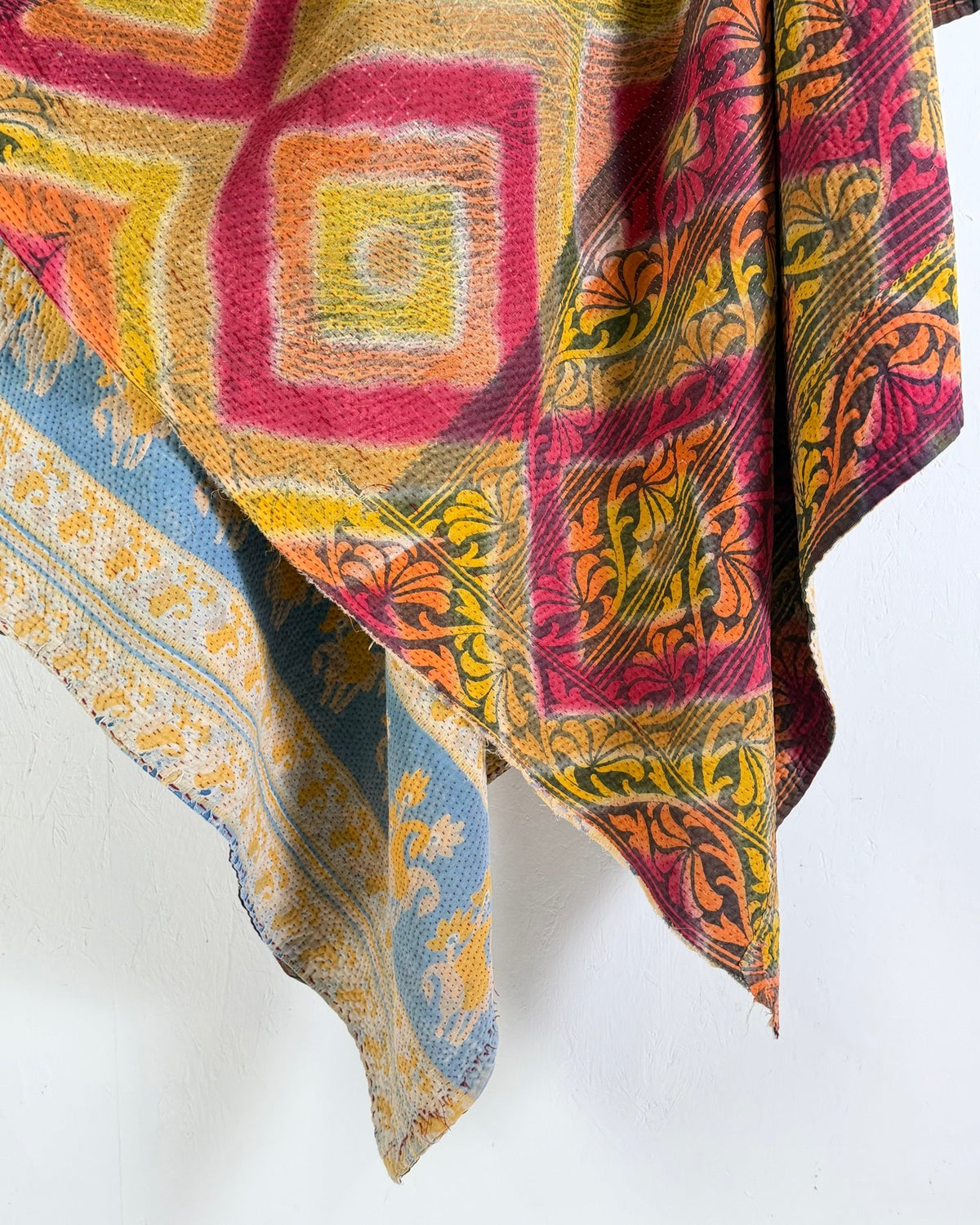 Large Textured Vintage Kantha Quilt in Geometric Pink and yellow - Biggs & Hill