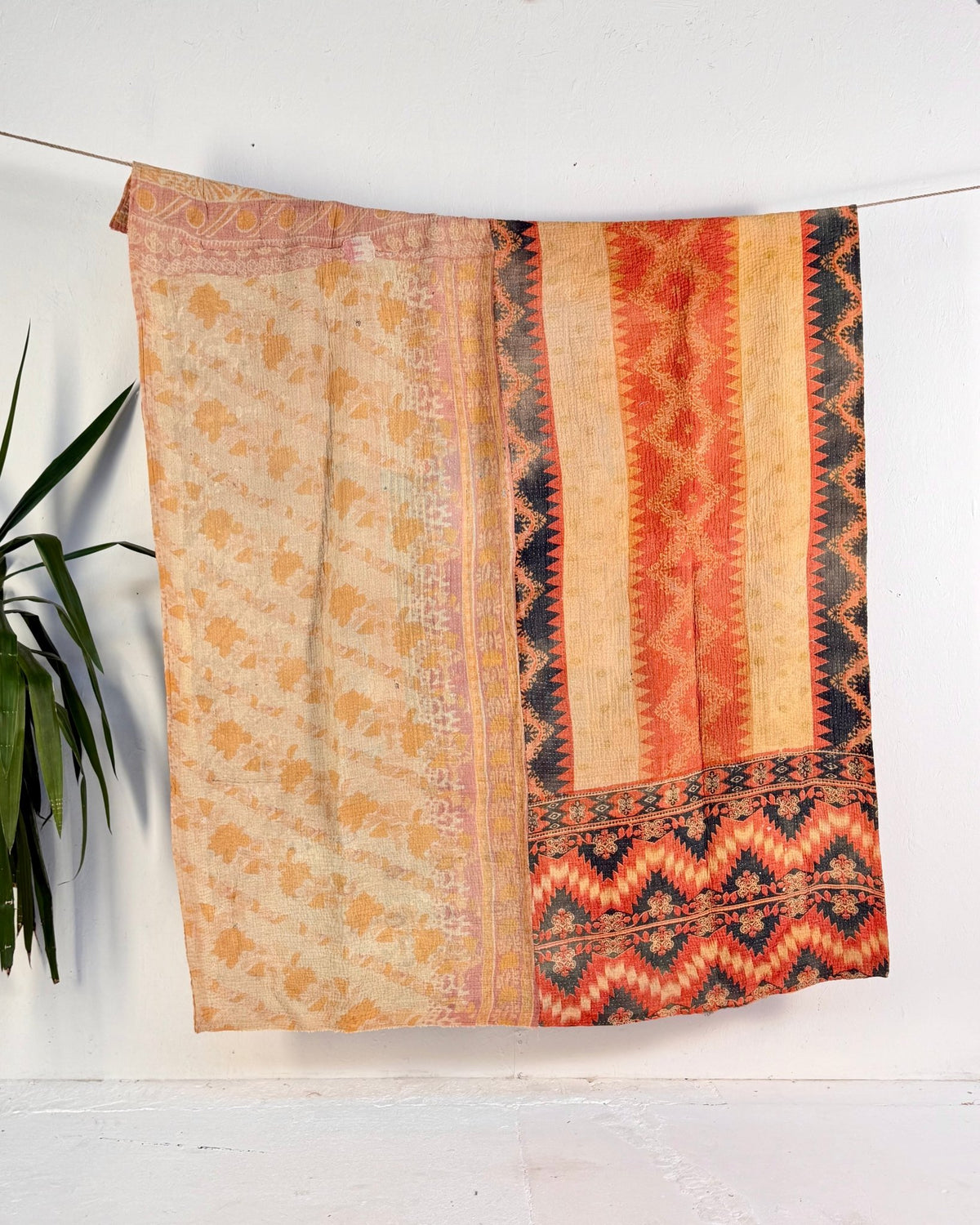 Fine Stitched Vintage Kantha Quilt in Beige and Orange Zig Zags - Biggs & Hill