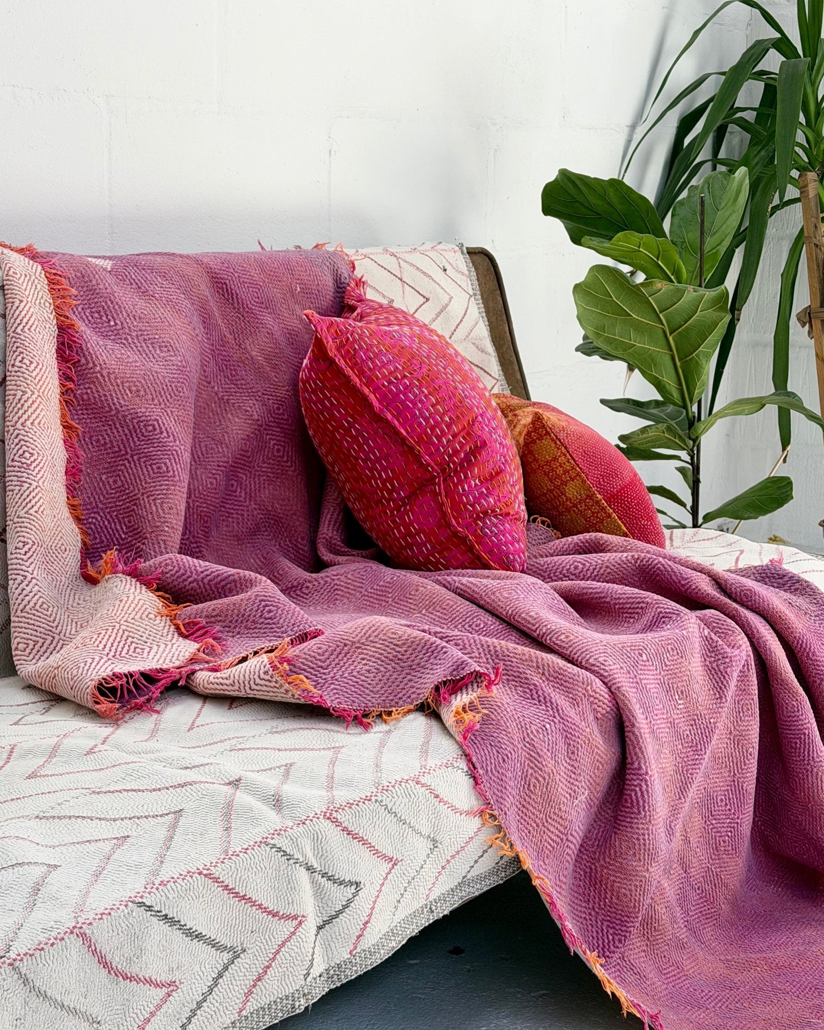 Large Heavy Kantha Blanket Quilt With Lik Phul Stitching In Pink and Orange - Biggs & Hill