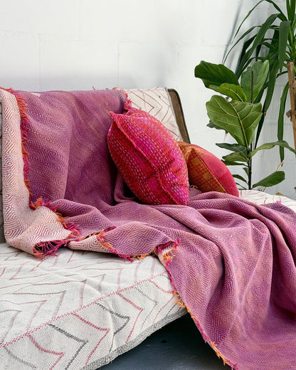 Large Heavy Kantha Blanket Quilt With Lik Phul Stitching In Pink and Orange - Biggs & Hill