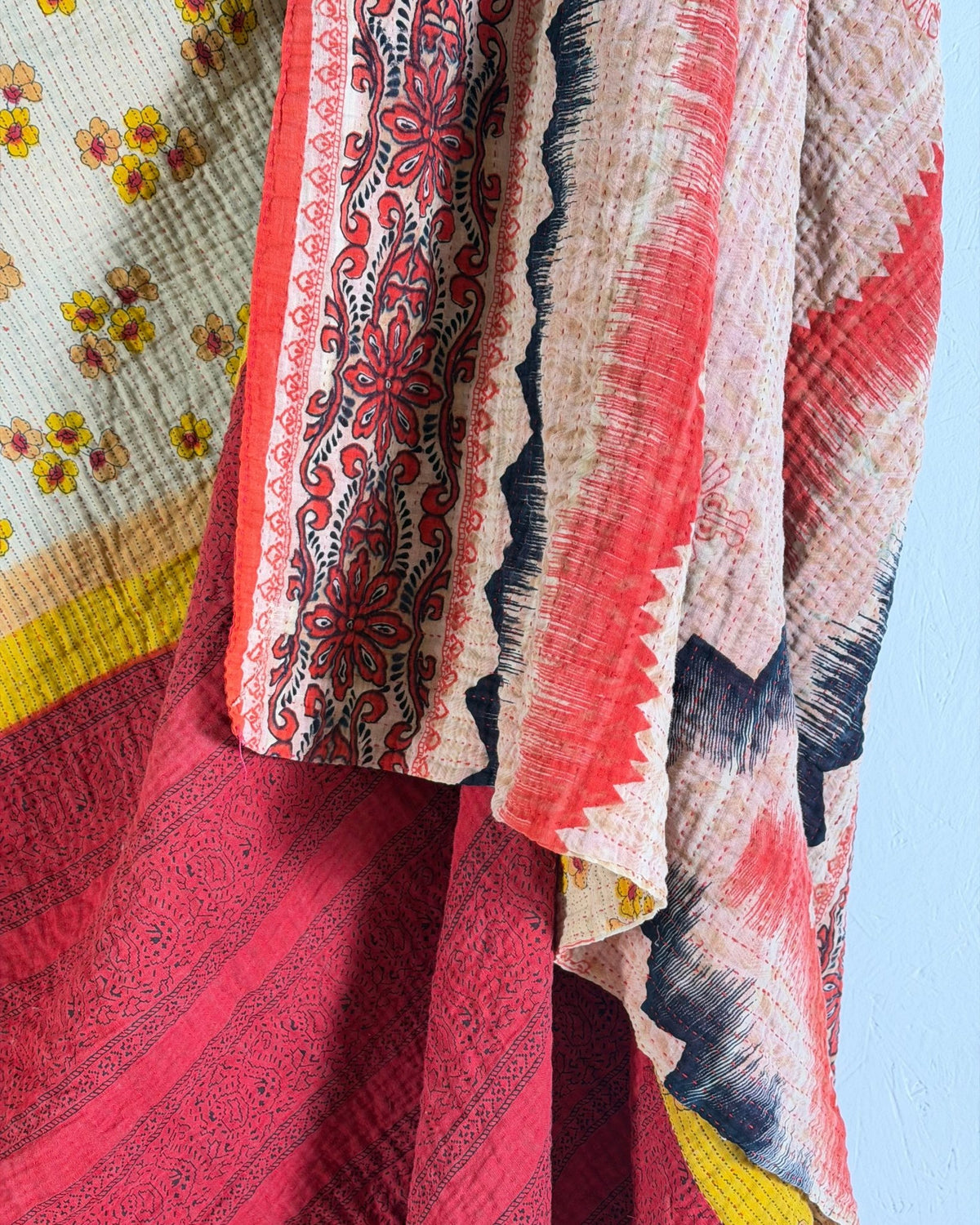 Extra Large Fine Stitched Vintage Kantha Quilt in Geometric Red and Yellow - Biggs & Hill