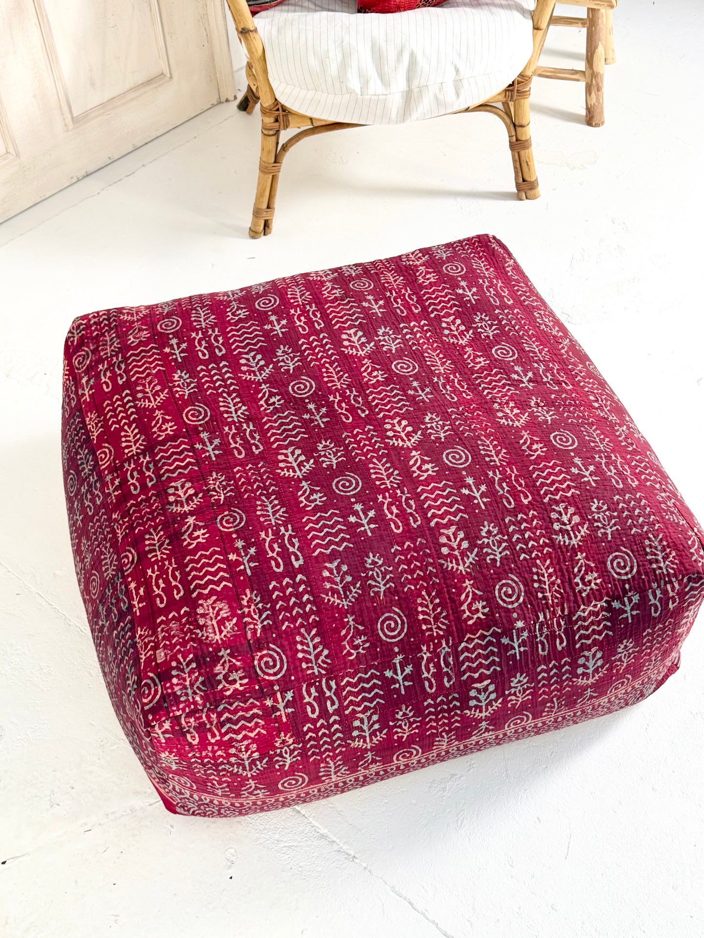 Extra Large Square Pouf Cushion Cover in Dark Red Block Print