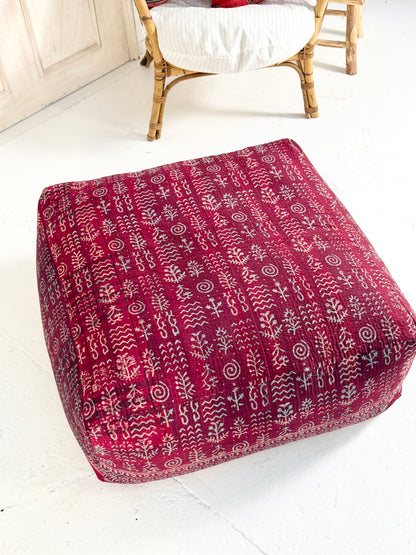 Extra Large Square Pouf Cushion Cover in Dark Red Block Print