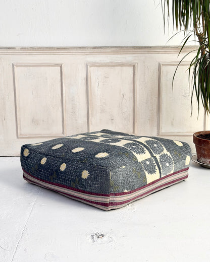 Large Square Kantha Floor Cushion Cover In Blue and Purple Stripe