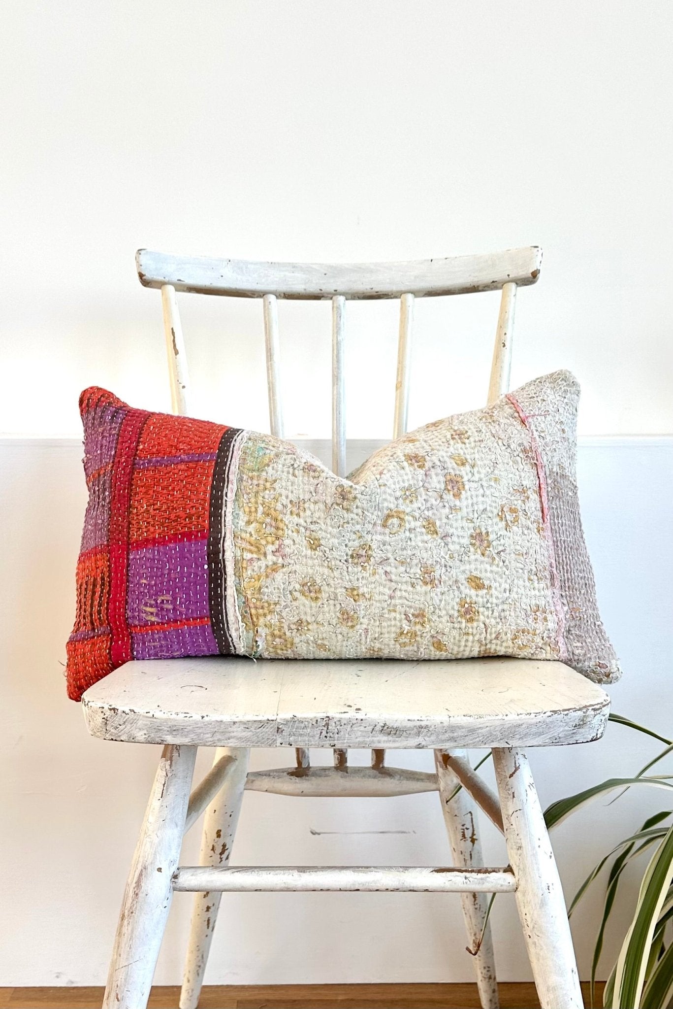 Vintage Kantha Cushion In Purple and Blue - Small Rectangular - Biggs & Hill