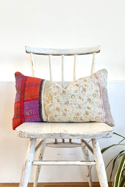 Vintage Kantha Cushion In Purple and Blue - Small Rectangular - Biggs & Hill