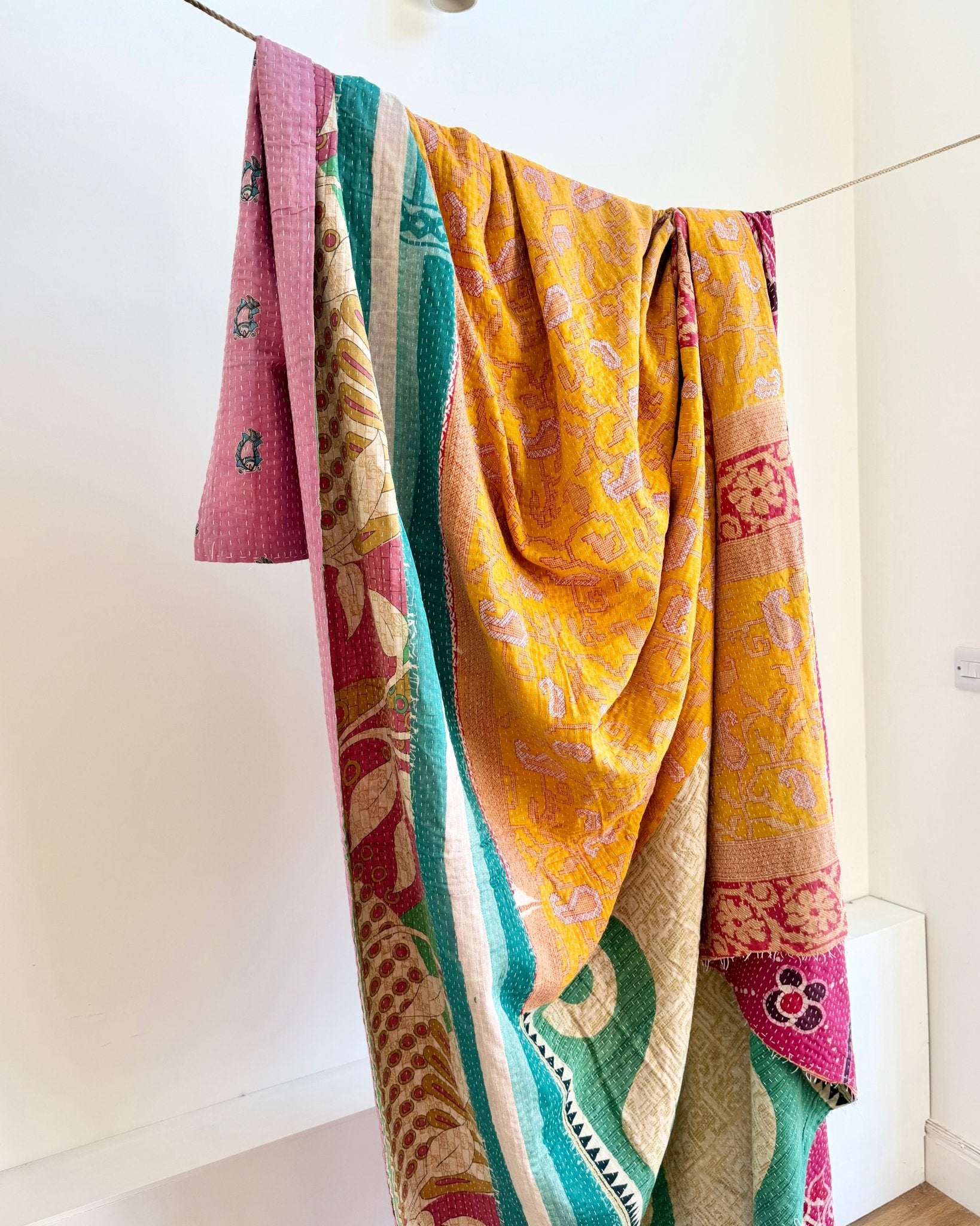 Super King Vintage Kantha Quilt in Pink, Blue and Yellow - Biggs & Hill