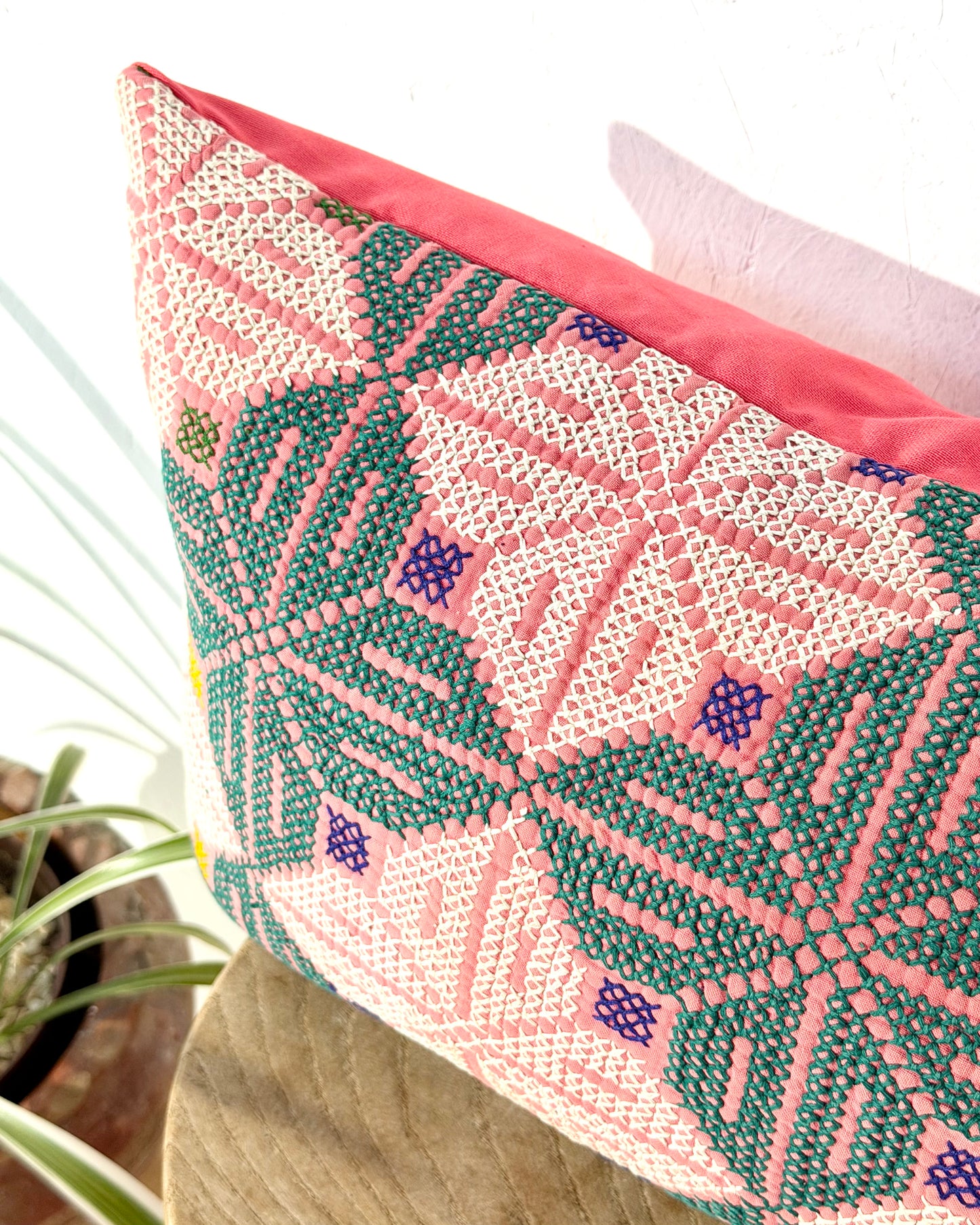 Vintage Galichi Kantha Cushion Cover In Pink - Small Rectangular