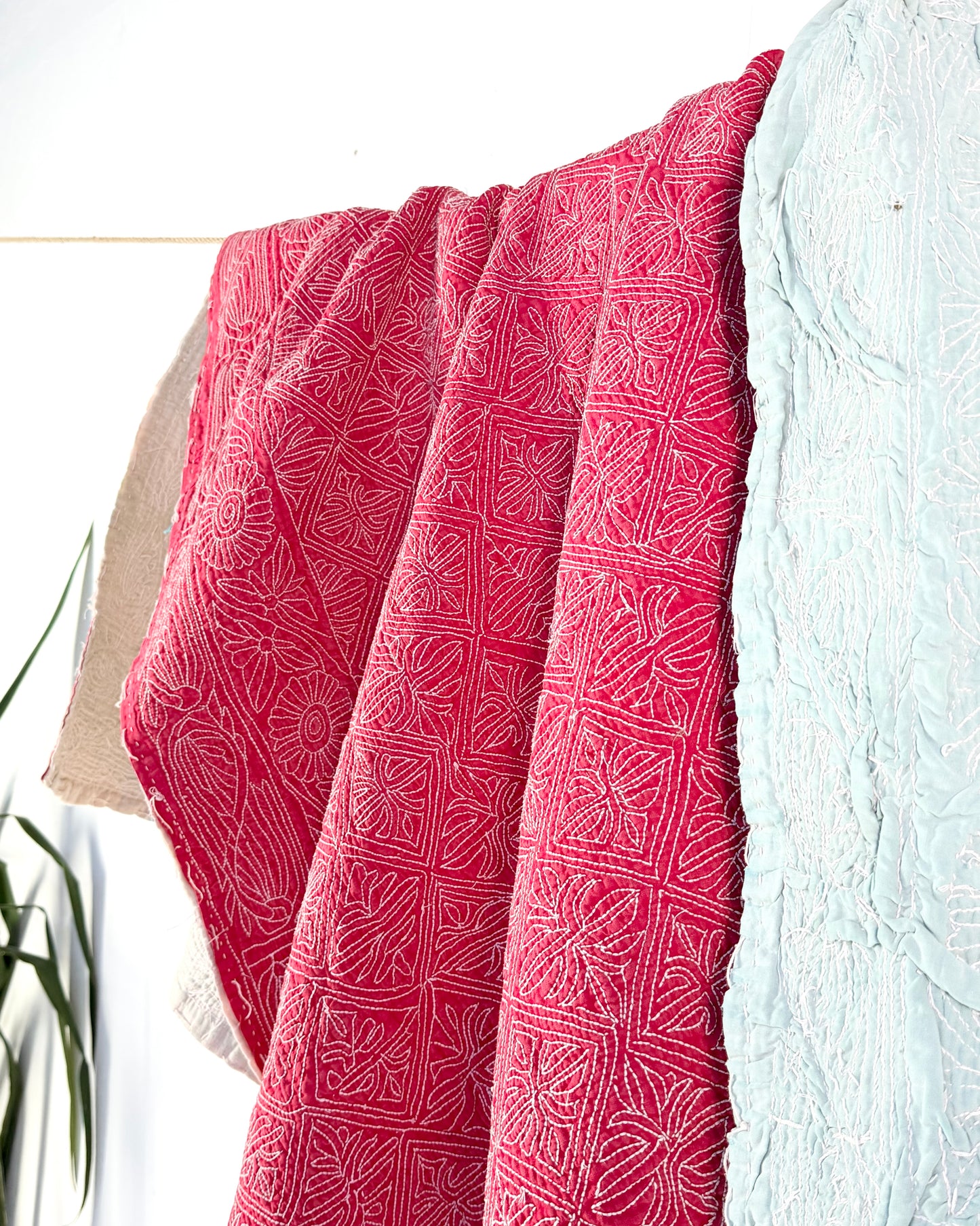 Embroidered Sujini Vintage Kantha Quilt In Red With White Embroidery